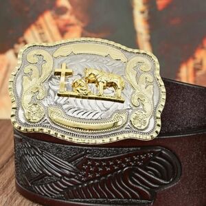 LARGE cowboy faith praying at cross with horse Belt buckle